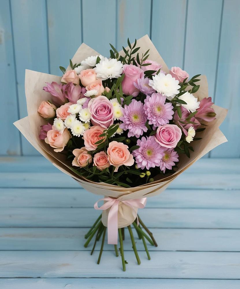 Букет цветов из: Хризантемы, Розы и Альстромерии в Балковскую 